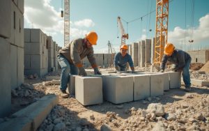 Chantier de construction avec des murs en parpaing en cours de réalisation.