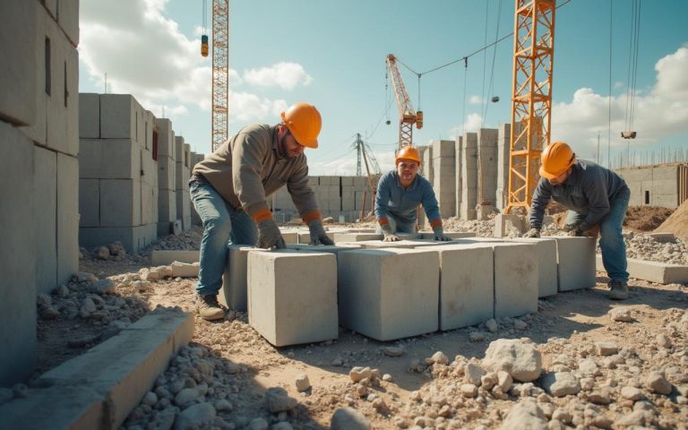 Chantier de construction avec des murs en parpaing en cours de réalisation.