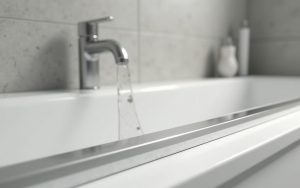 Installation d'une baguette de finition en aluminium sur carrelage dans une salle de bain moderne.