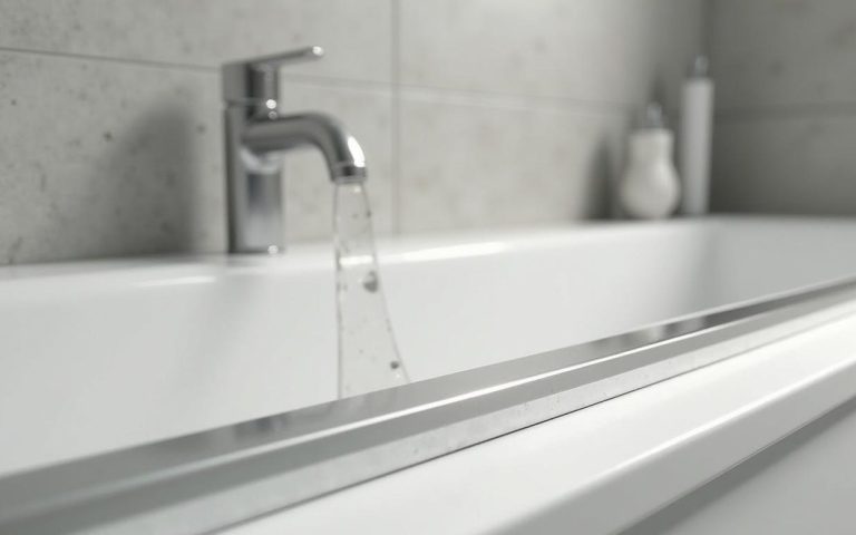Installation d'une baguette de finition en aluminium sur carrelage dans une salle de bain moderne.