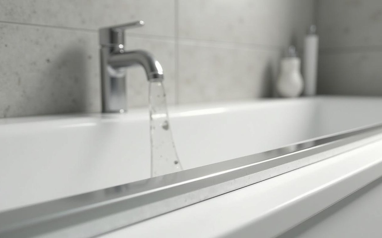 Installation d'une baguette de finition en aluminium sur carrelage dans une salle de bain moderne.