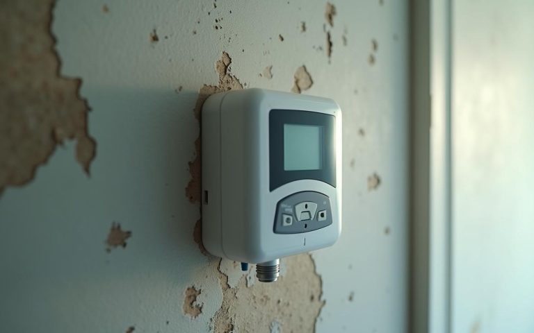 Boîtier anti-humidité électromagnétique sur un mur avec signes d'humidité.