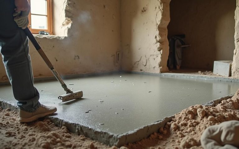 Chantier de rénovation avec coulage d'une dalle en béton sur terre battue dans une maison ancienne.