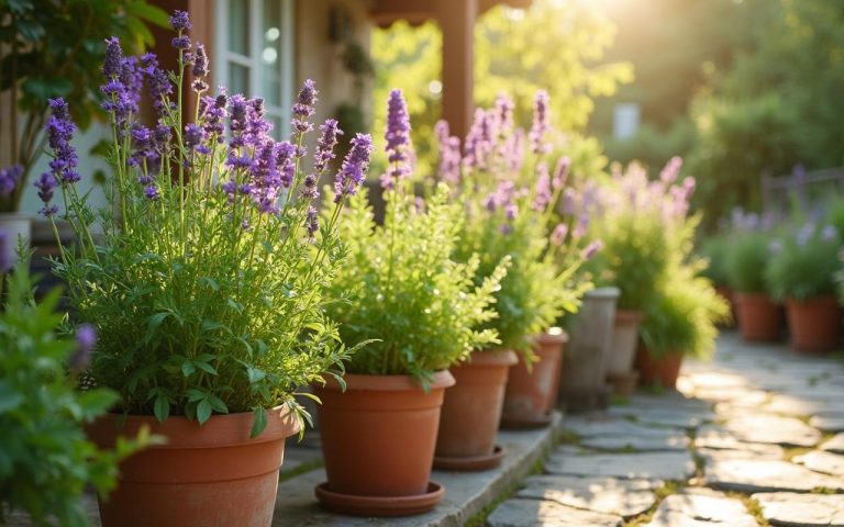 Jardin ensoleillé avec des plantes anti-moustiques comme citronnelle et lavande.