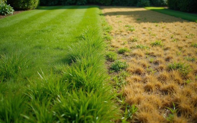 Jardin avec gazon anglais illustrant les inconvénients d'entretien et de consommation d'eau.