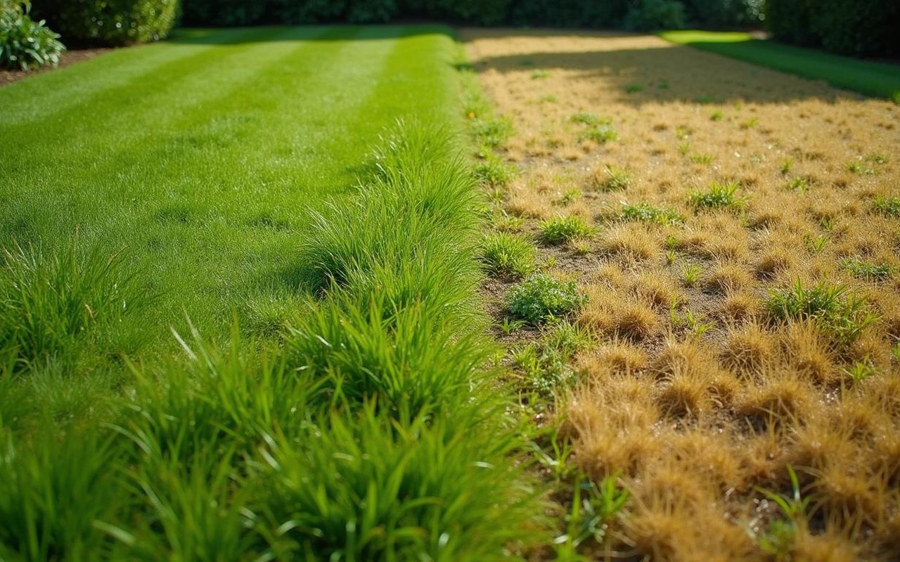 Jardin avec gazon anglais illustrant les inconvénients d'entretien et de consommation d'eau.