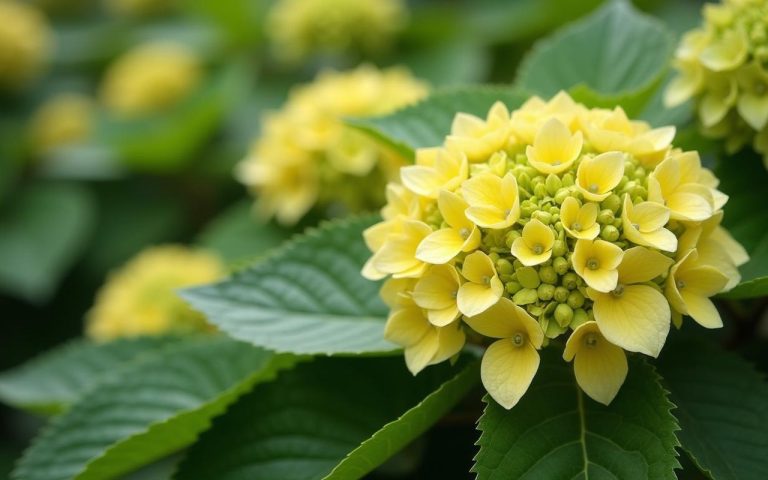 Hortensia avec feuilles jaunes et pH-mètre à proximité, illustrant la chlorose ferrique.