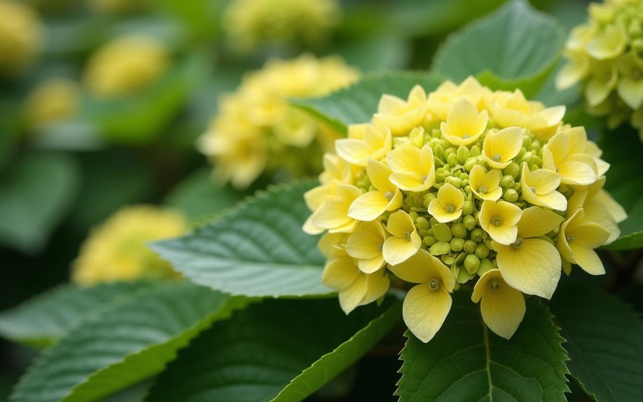 Hortensia avec feuilles jaunes et pH-mètre à proximité, illustrant la chlorose ferrique.