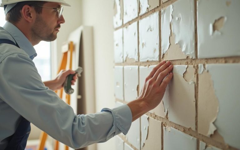 Inspection d'un mur avec des carreaux mal collés, montrant des fissures et décollements.
