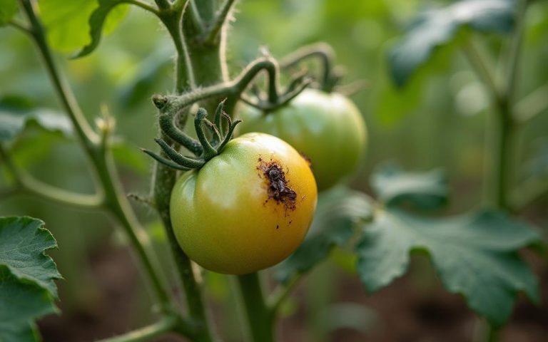 Dégâts causés par des moucherons sur des plants de tomates dans un jardin.