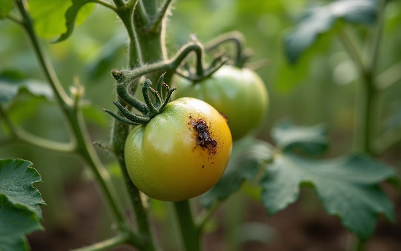 Dégâts causés par des moucherons sur des plants de tomates dans un jardin.