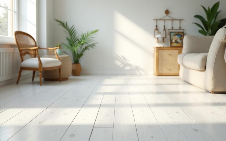 Intérieur moderne avec un sol en parquet blanc récemment peint, décor chaleureux.