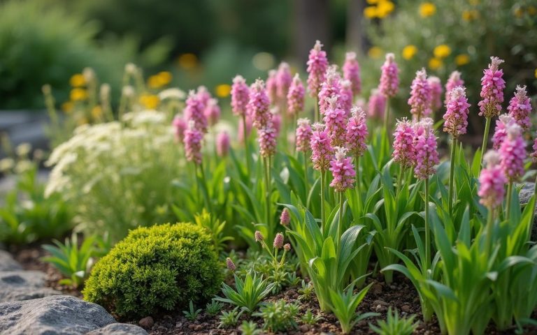 Jardin de rocaille avec des saxifrages en fleurs colorées et feuillage persistant.