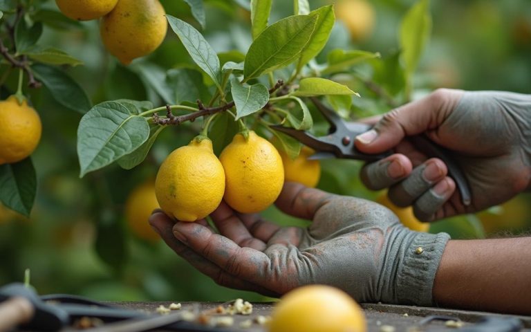 Un jardinier taillant un citronnier en pleine floraison avec des outils de jardinage.
