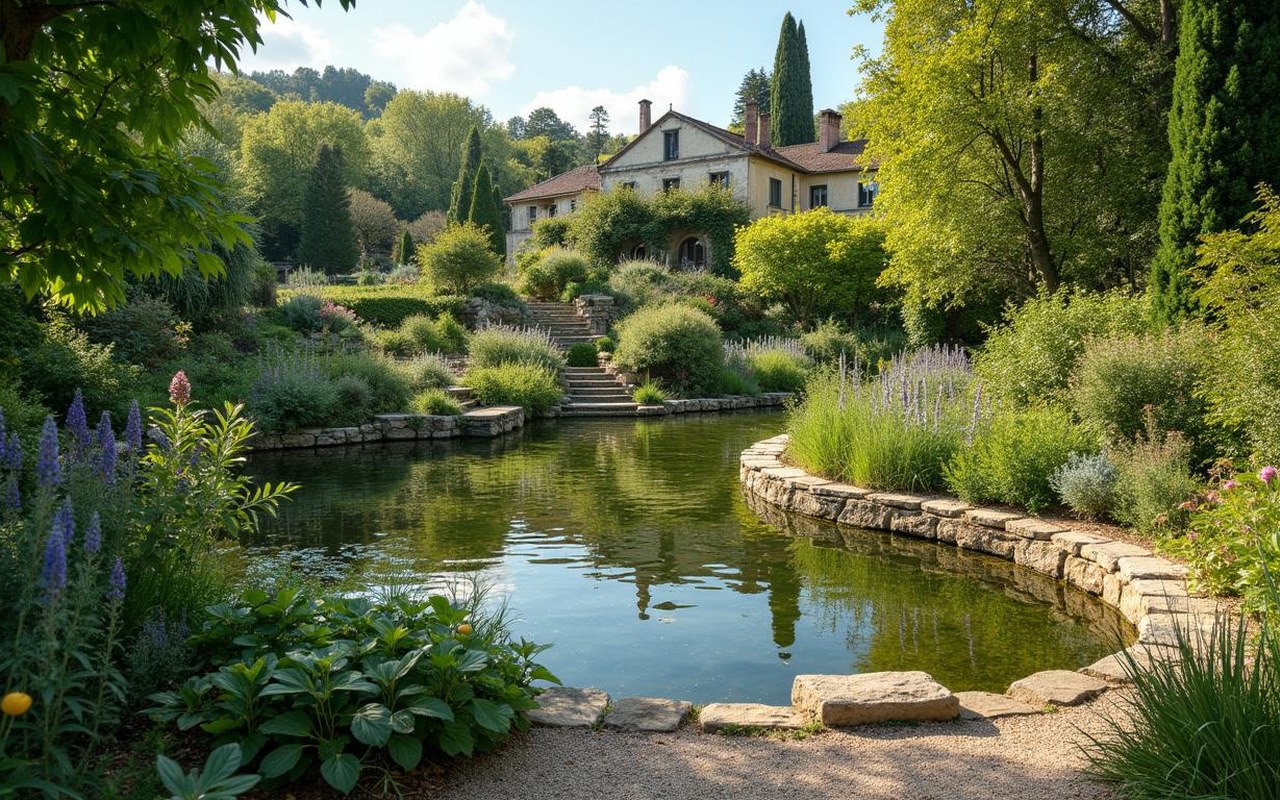 Jardin paysager en Périgord avec terrasses et bassin, illustrant la biodiversité locale.
