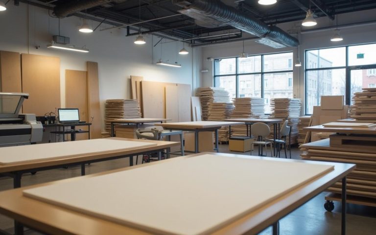 Espace de découpe sur-mesure chez Castorama avec panneaux de mousse et machines visibles.