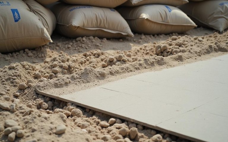 Chantier de construction avec sacs de ciment et sable pour chape maigre.