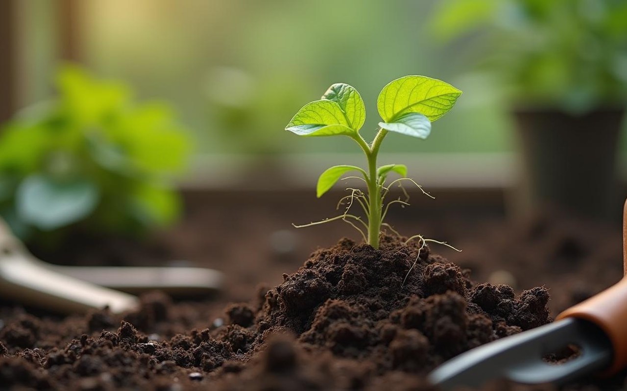 Christophine germée plantée dans un pot avec terreau, prête à être entretenue.