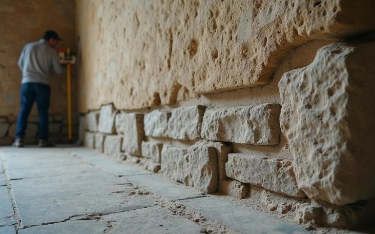 Mur en pierre ancien incliné avec fissures et traces d'humidité, évaluation par un professionnel.