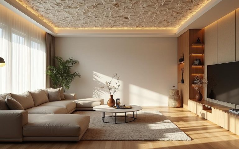 Intérieur moderne avec dalles en polystyrène au plafond, motifs variés.