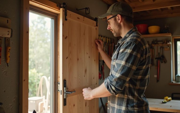 Un bricoleur assemble une porte coulissante en bois dans son atelier.