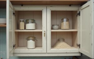 Cuisine moderne avec des placards ouverts et des aliments, illustrant une infestation de cirons.