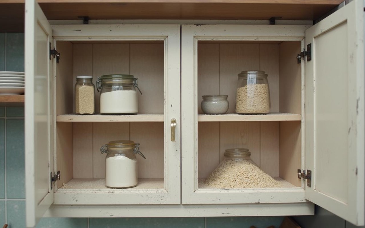 Cuisine moderne avec des placards ouverts et des aliments, illustrant une infestation de cirons.