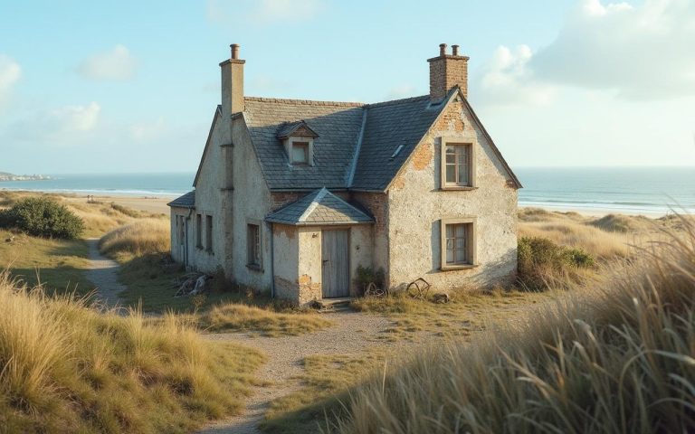 Maison modeste en Normandie près de la plage, avec des signes de rénovation.