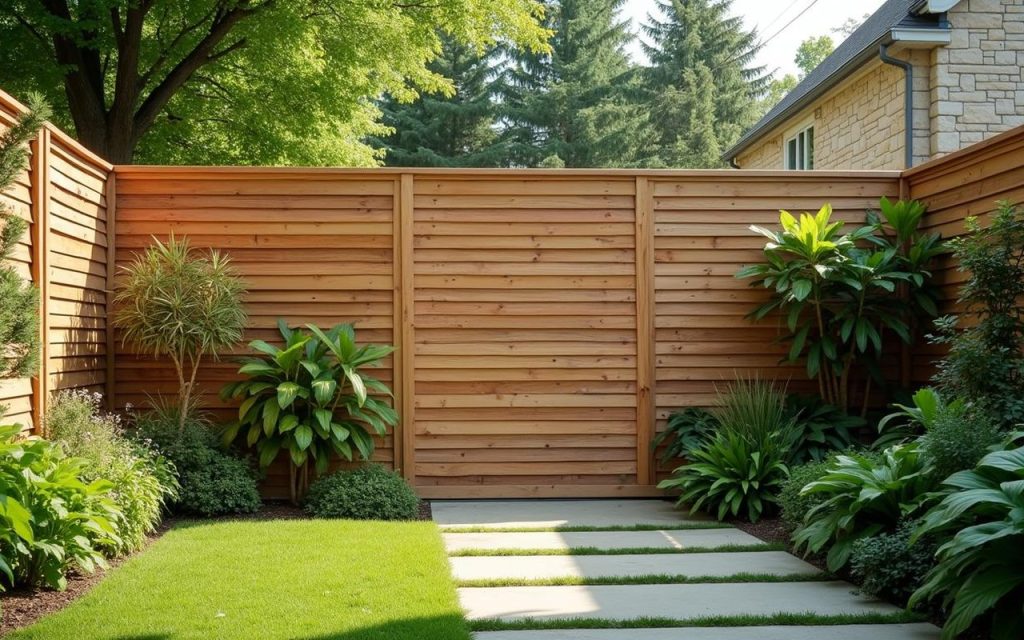 Mur anti-bruit en bois dans un jardin, créant une zone calme contre les nuisances sonores.