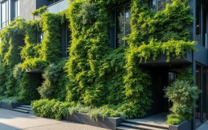 Mur végétal extérieur luxuriant sur une façade moderne, intégrant des plantes vivantes.