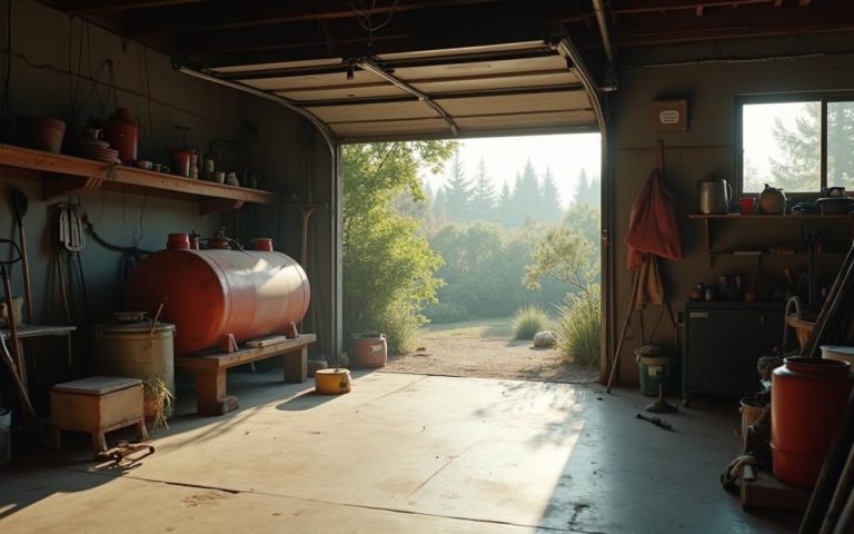 Garage avec réservoir de fioul et outils de jardinage, illustrant les causes d'odeur d'essence.