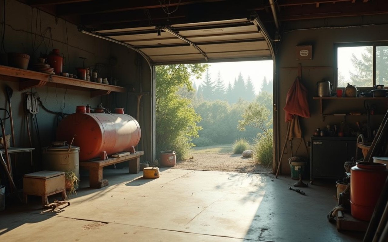 Garage avec réservoir de fioul et outils de jardinage, illustrant les causes d'odeur d'essence.