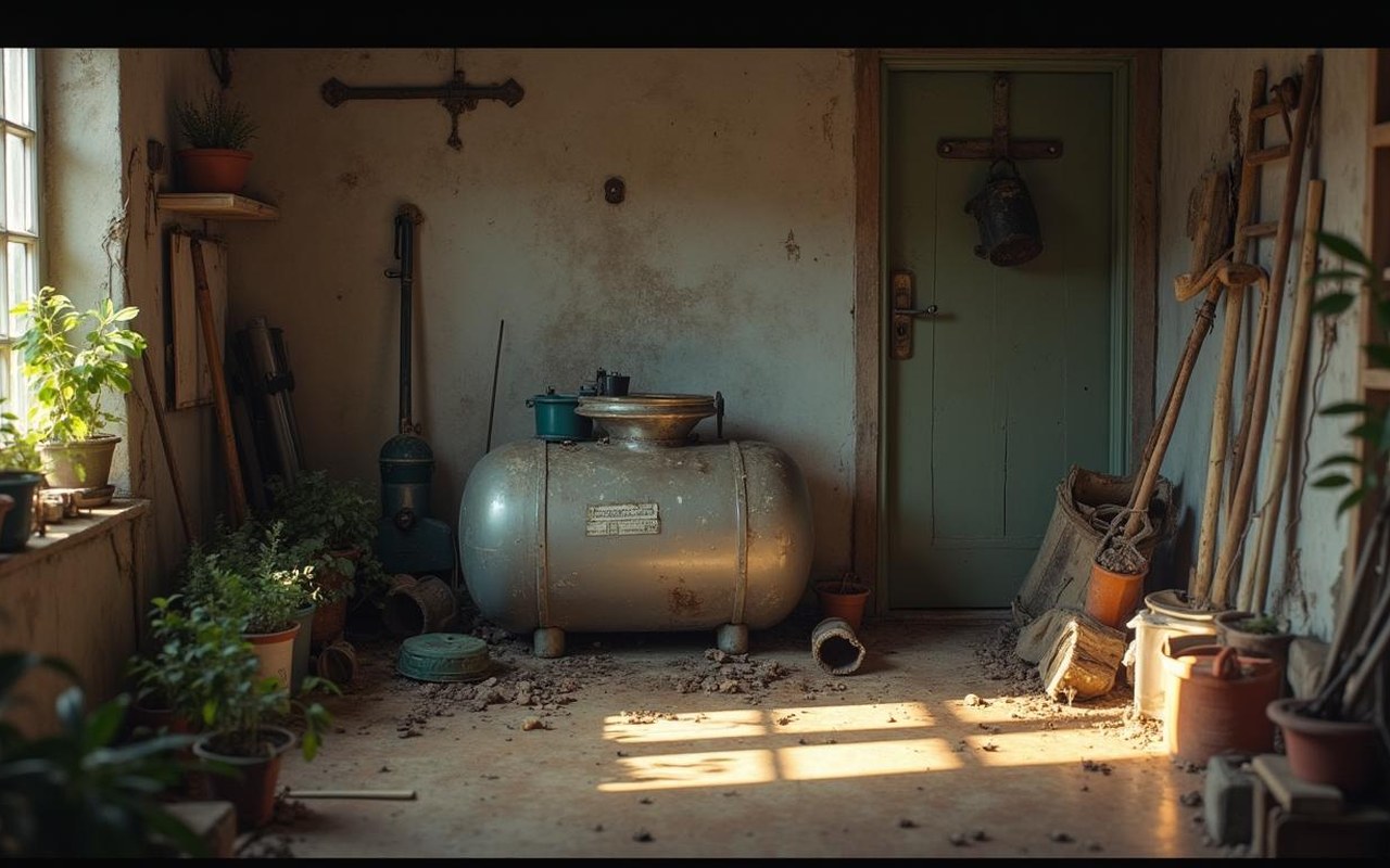 Intérieur de maison avec réservoir de fioul endommagé et équipements de jardinage, danger d'odeur d'essence.