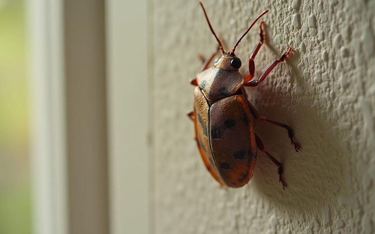 Punaise marron diabolique sur un mur intérieur, symbole d'intrusion automnale.