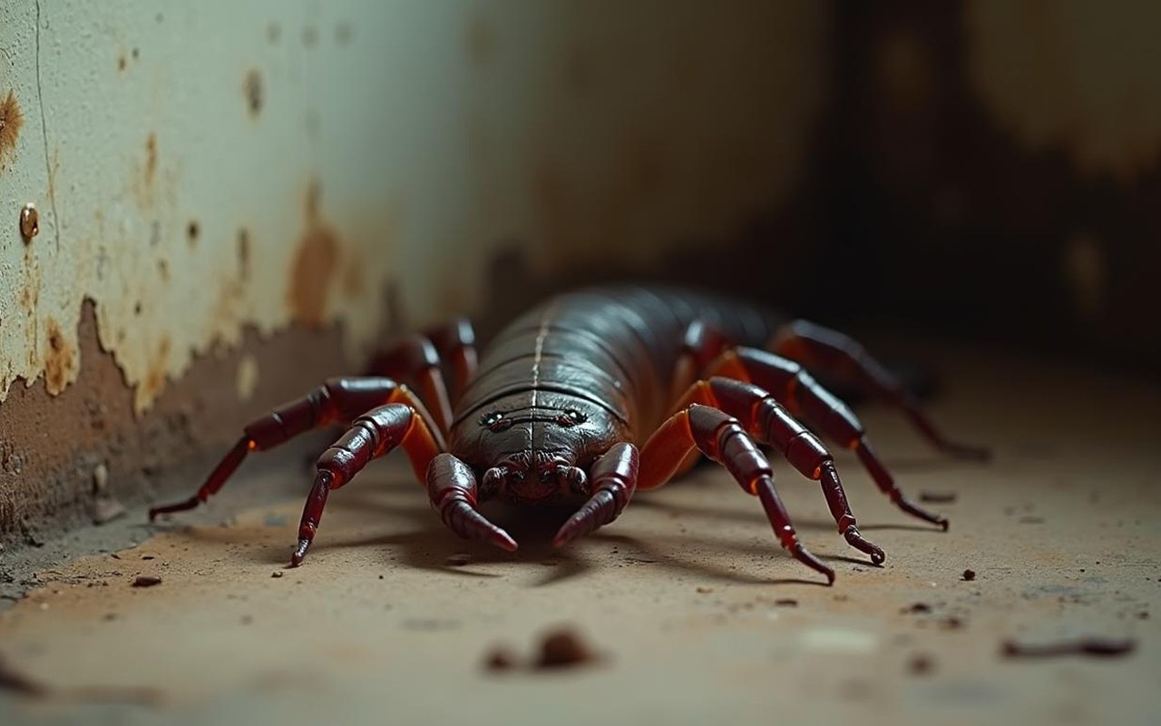 Scolopendre dans un environnement domestique avec signes d'humidité.
