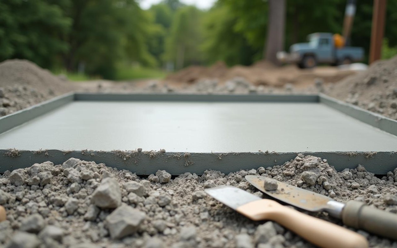 Dalle en béton fraîchement coulée sur un chantier, illustrant le temps de séchage.
