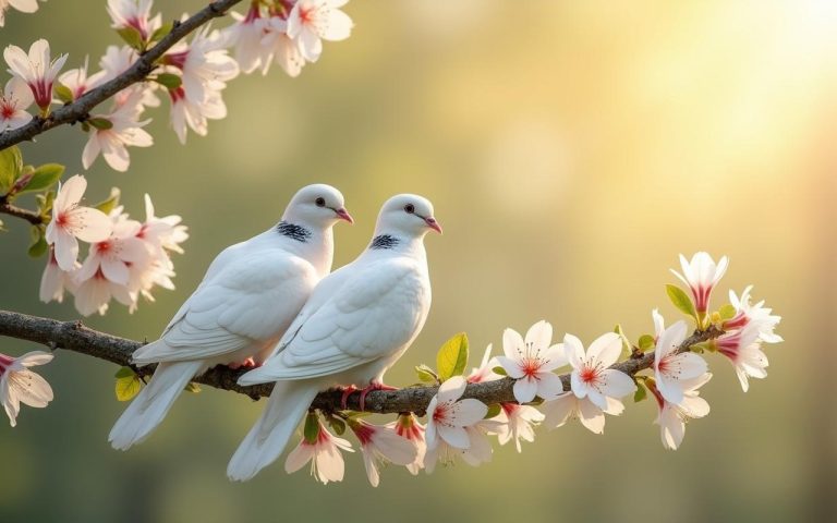 Couple de tourterelles sur une branche avec des fleurs printanières, symbole d'amour et de fidélité.