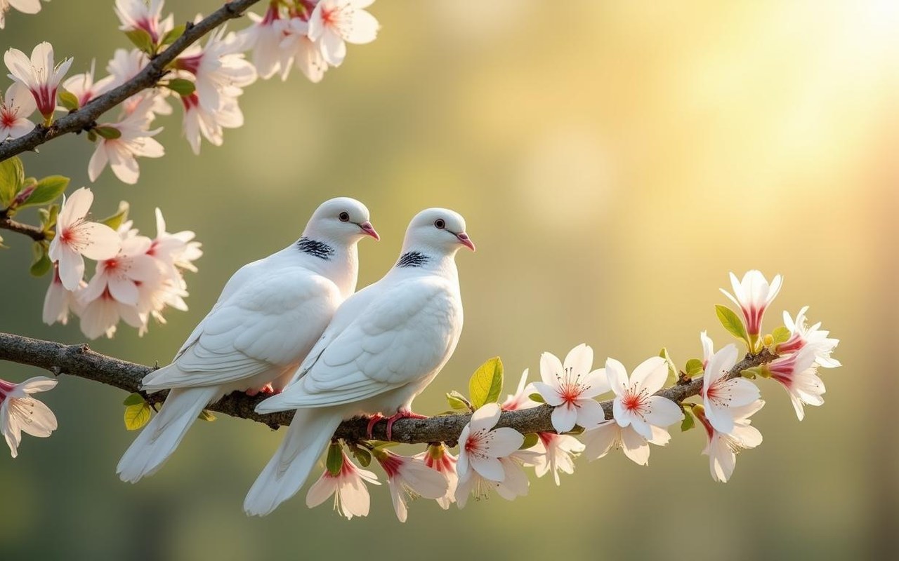 Couple de tourterelles sur une branche avec des fleurs printanières, symbole d'amour et de fidélité.