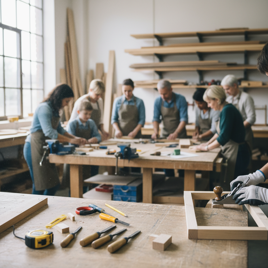 Illustration réaliste sur Les cours menuiserie de l'Institut du Bricolage : un parcours structuré pour débutants