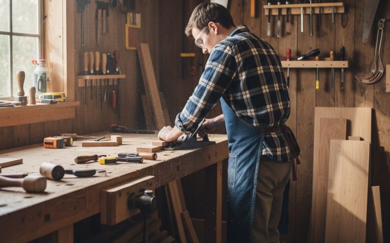 Un débutant en menuiserie apprenant avec des outils et des matériaux autour de lui.