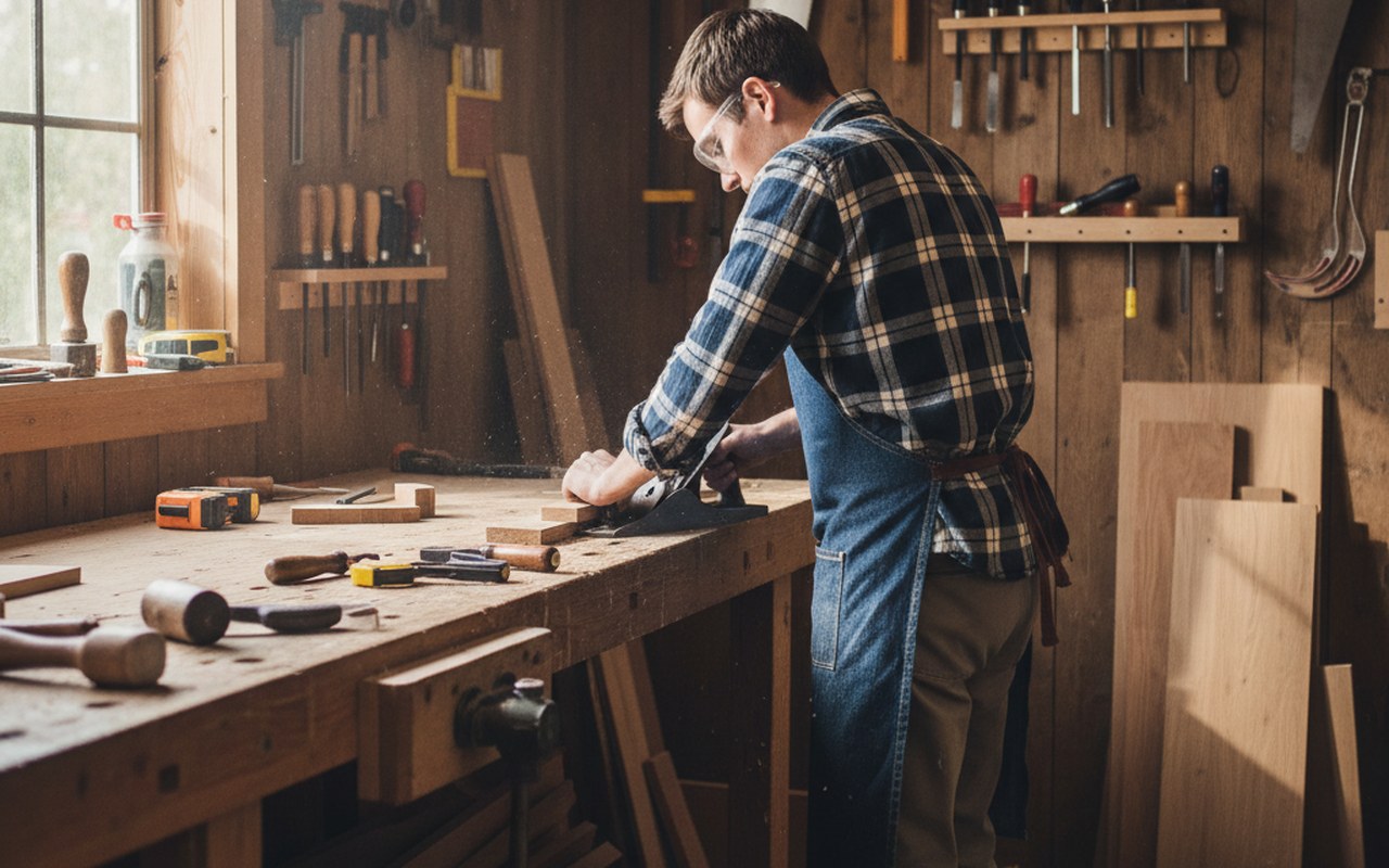 Un débutant en menuiserie apprenant avec des outils et des matériaux autour de lui.