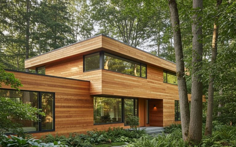 Maison moderne avec bardage en bois, intégrée dans un environnement naturel.
