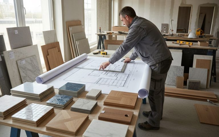 Un professionnel du bâtiment réalisant un calepinage avec des échantillons de revêtements autour.