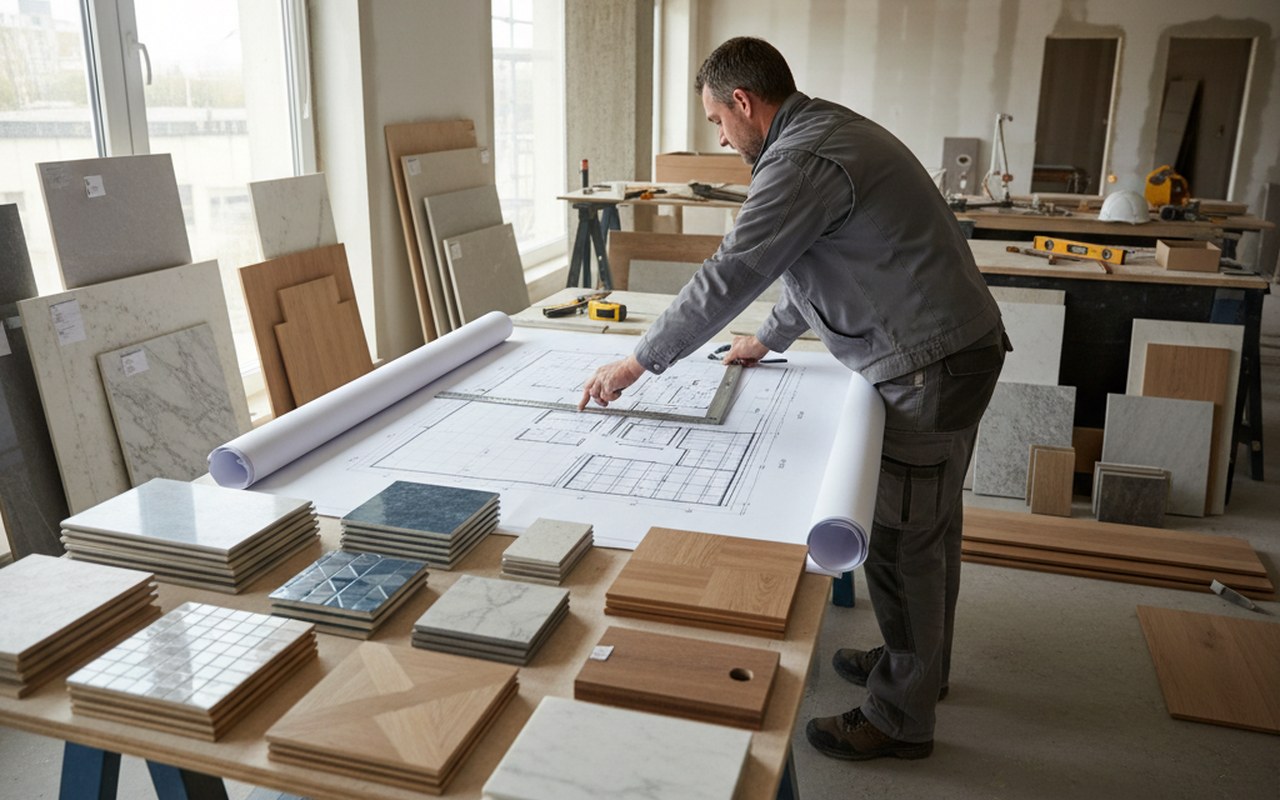 Un professionnel du bâtiment réalisant un calepinage avec des échantillons de revêtements autour.