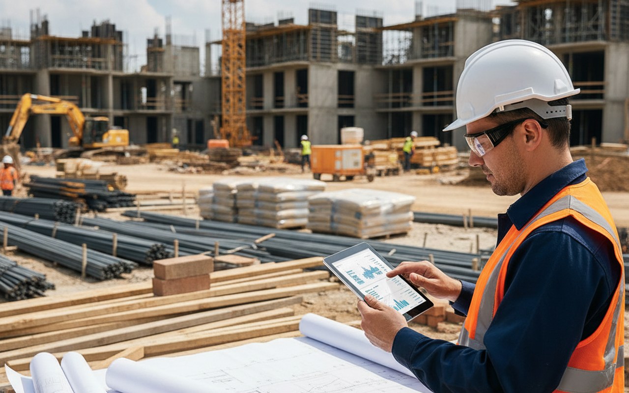 Un professionnel examine des devis sur une tablette sur un chantier de rénovation.