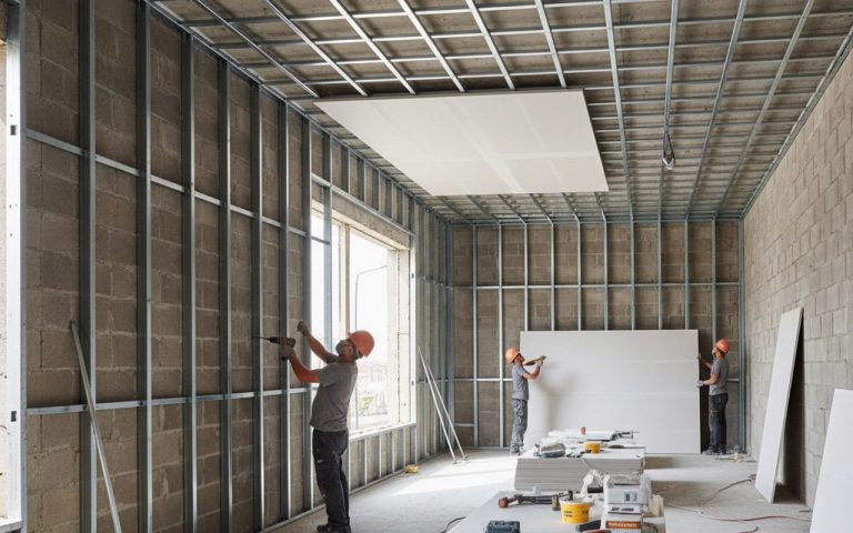 Installation de fourrures placo en acier galvanisé sur un chantier de construction intérieure.