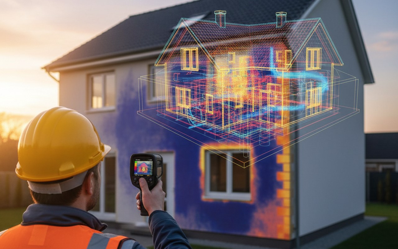 Expert en audit thermique analysant l'isolation d'une maison avec une caméra infrarouge.