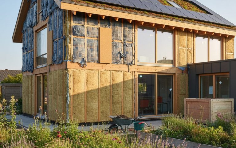 Maison moderne en rénovation avec isolation écologique et panneaux solaires.