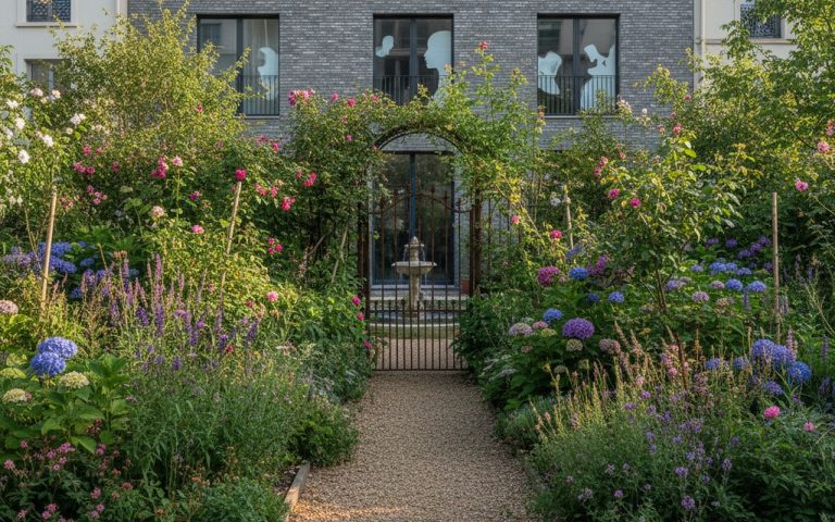 Jardin non attenant avec verdure et chemin, séparé d'une maison urbaine.
