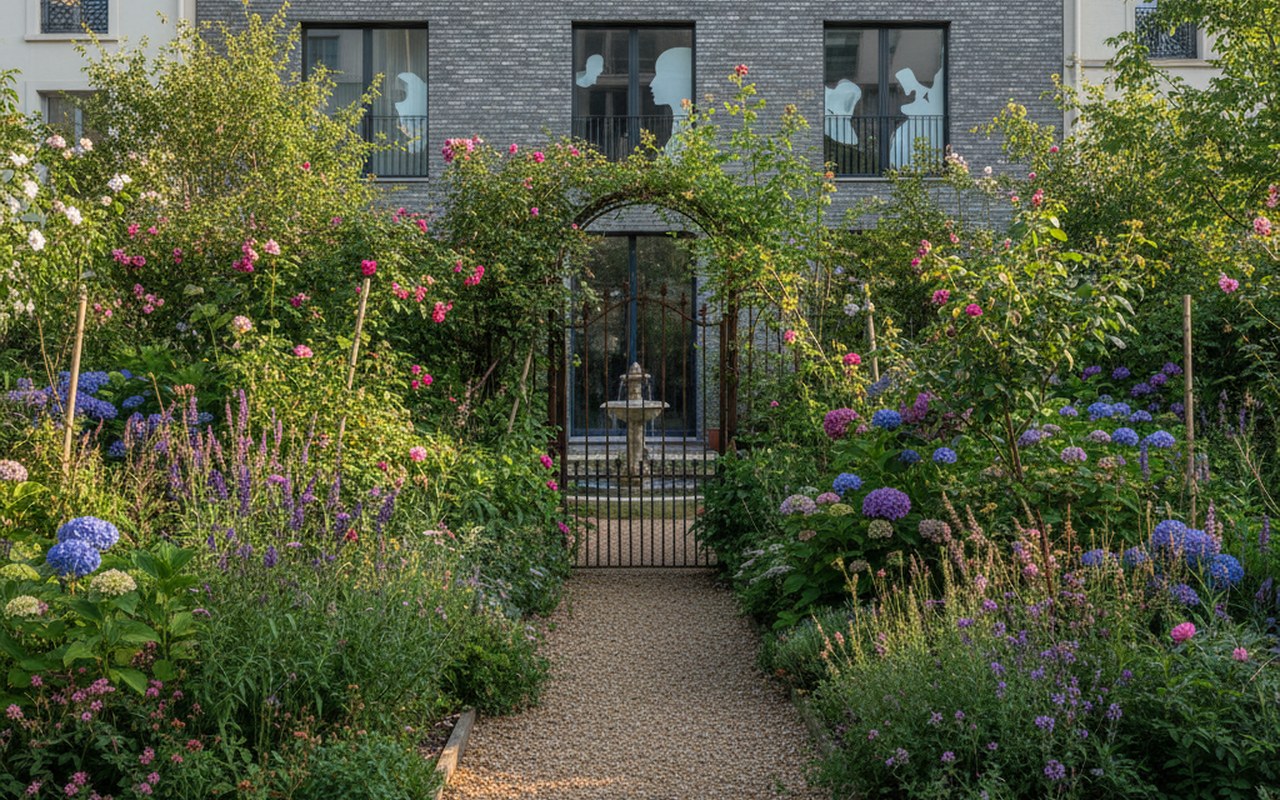 Jardin non attenant avec verdure et chemin, séparé d'une maison urbaine.